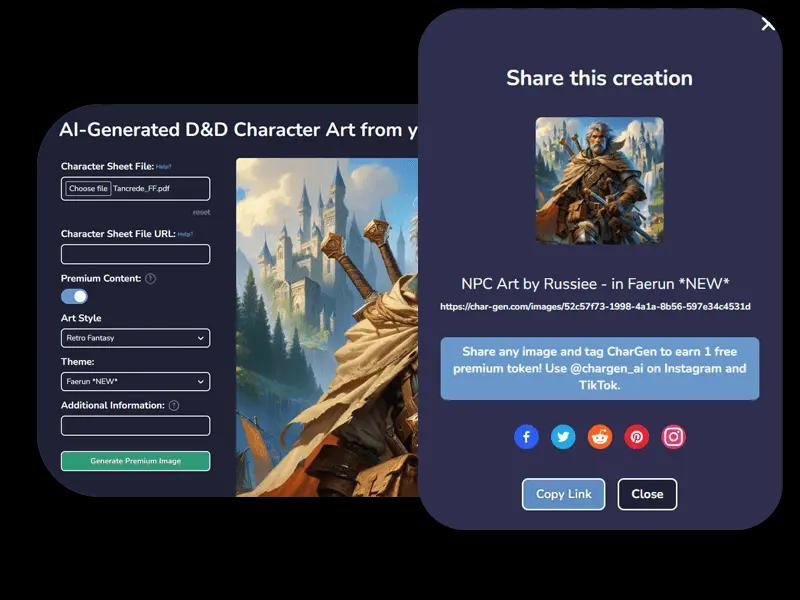 User interface showcasing an easy way to share AI-generated characters with the community.