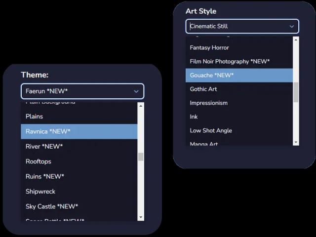 Dropdown menu of themes and art styles available in CharGen for AI art generation