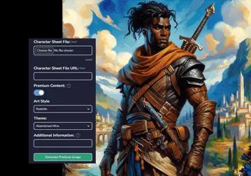 Pathfinder RPG character generated by Chargen's AI displayed alongside the intuitive AI character generation interface