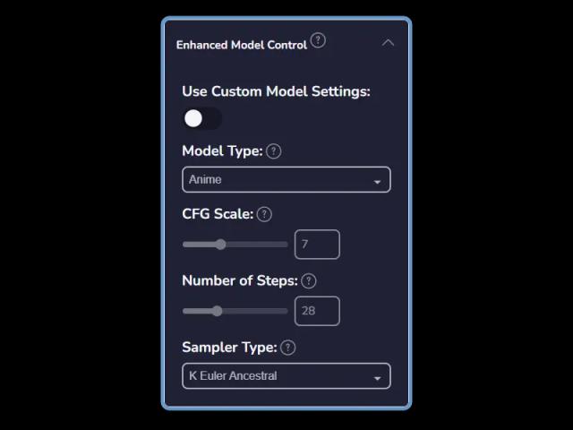Enhanced Model Control Interface for CharGen showcasing ability to configure AI art generation models and settings