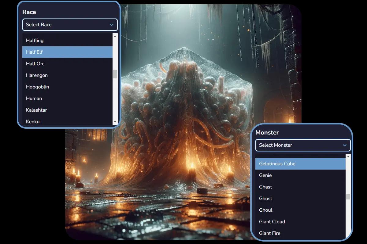 CharGen AI-generated Monsters showing a Gelatinous Cube and race and monster generation options