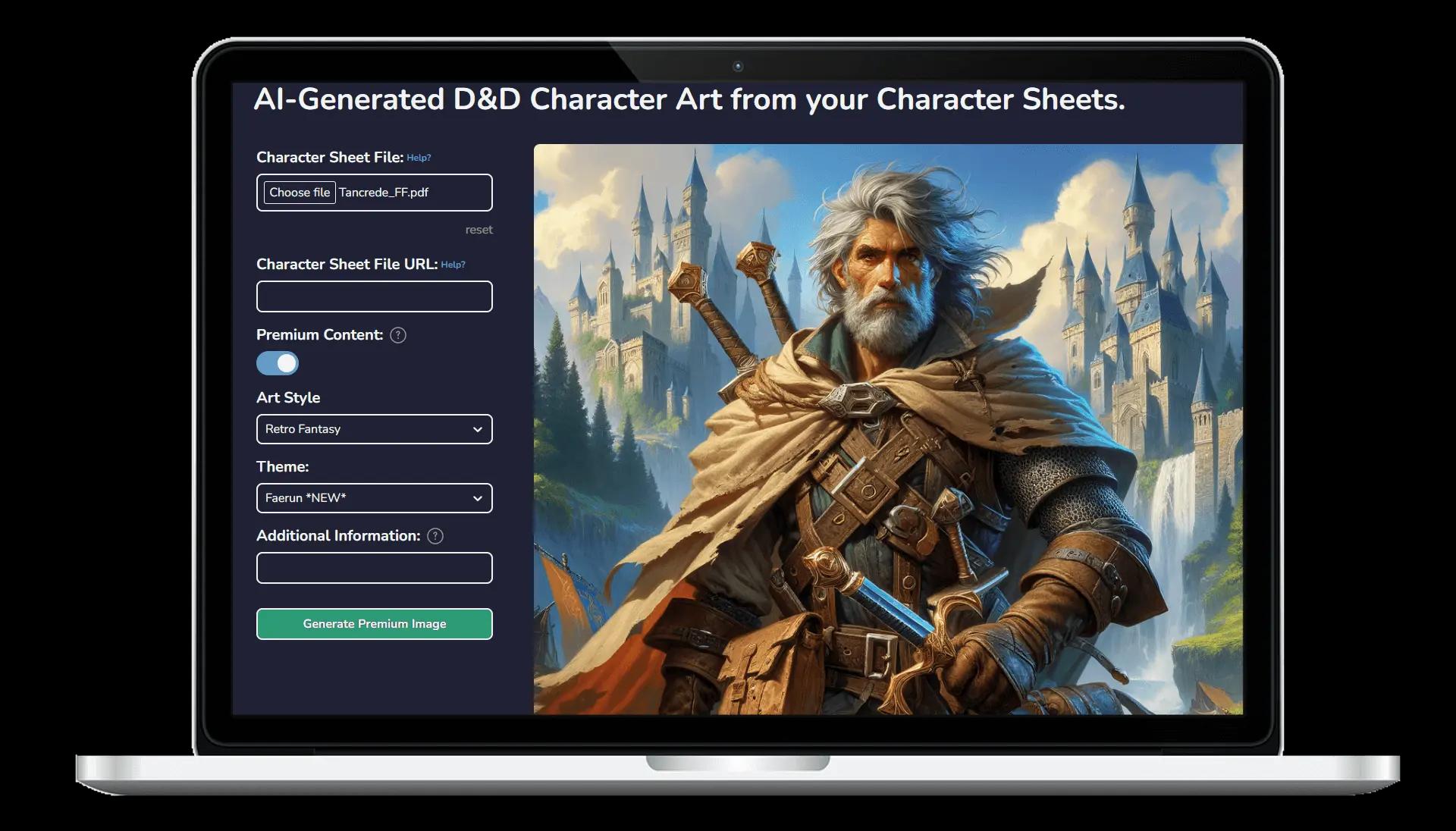 Chargen Homescreen displaying a generated D&D character on a laptop, showcasing AI Art and Character Generation for Dungeons & Dragons