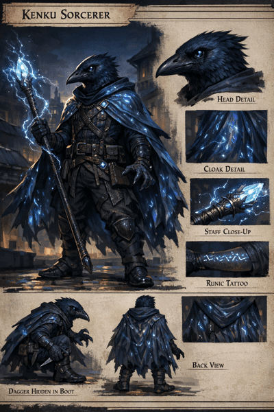 Krackle Brightbeak, Aarakocra Sorcerer portrait generated from character sheet