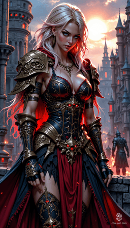 In a vibrant, medieval stone city with a distant castle under a sunlit sky, stands a breathtaking Gladiator woman. Adorned in intricate armor engraved with glowing crimson symbols, her long light blonde hair with pink highlights catches the light. Her piercing green eyes and seductive gaze captivate as she elegantly wields her sword, embodying courage and allure.