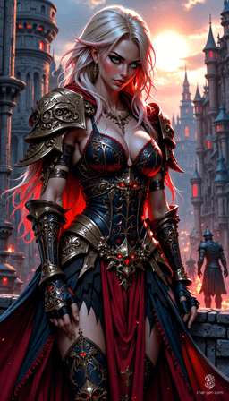 In a vibrant, medieval stone city with a distant castle under a sunlit sky, stands a breathtaking Gladiator woman. Adorned in intricate armor engraved with glowing crimson symbols, her long light blonde hair with pink highlights catches the light. Her piercing green eyes and seductive gaze captivate as she elegantly wields her sword, embodying courage and allure.