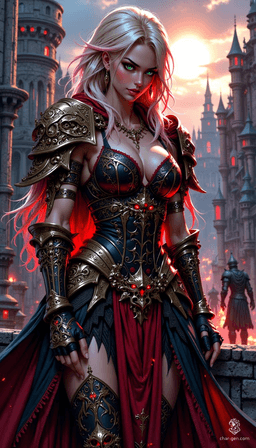 In a vibrant, medieval stone city with a distant castle under a sunlit sky, stands a breathtaking Gladiator woman. Adorned in intricate armor engraved with glowing crimson symbols, her long light blonde hair with pink highlights catches the light. Her piercing green eyes and seductive gaze captivate as she elegantly wields her sword, embodying courage and allure.