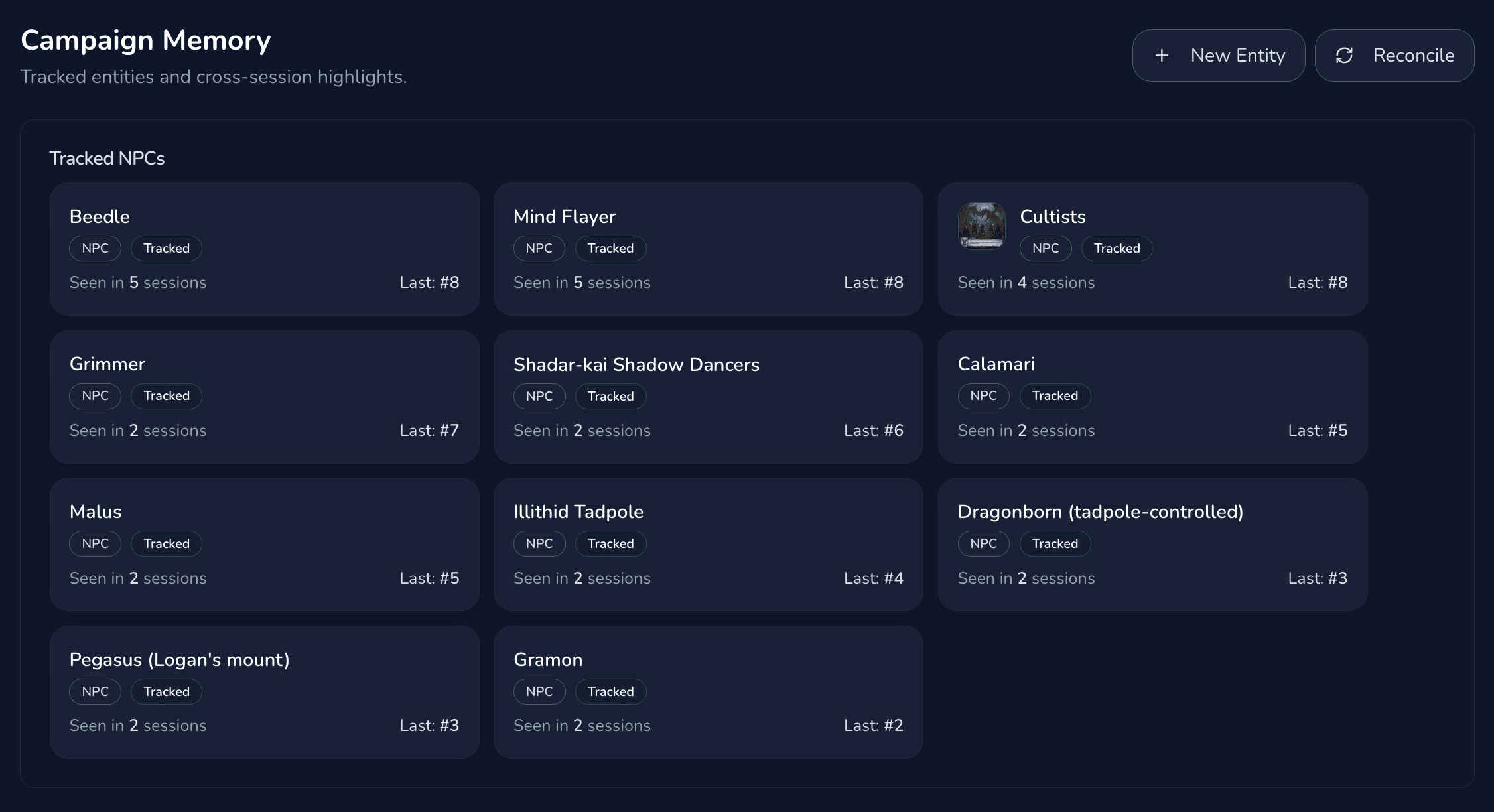 Campaign Memory dashboard showing tracked entities