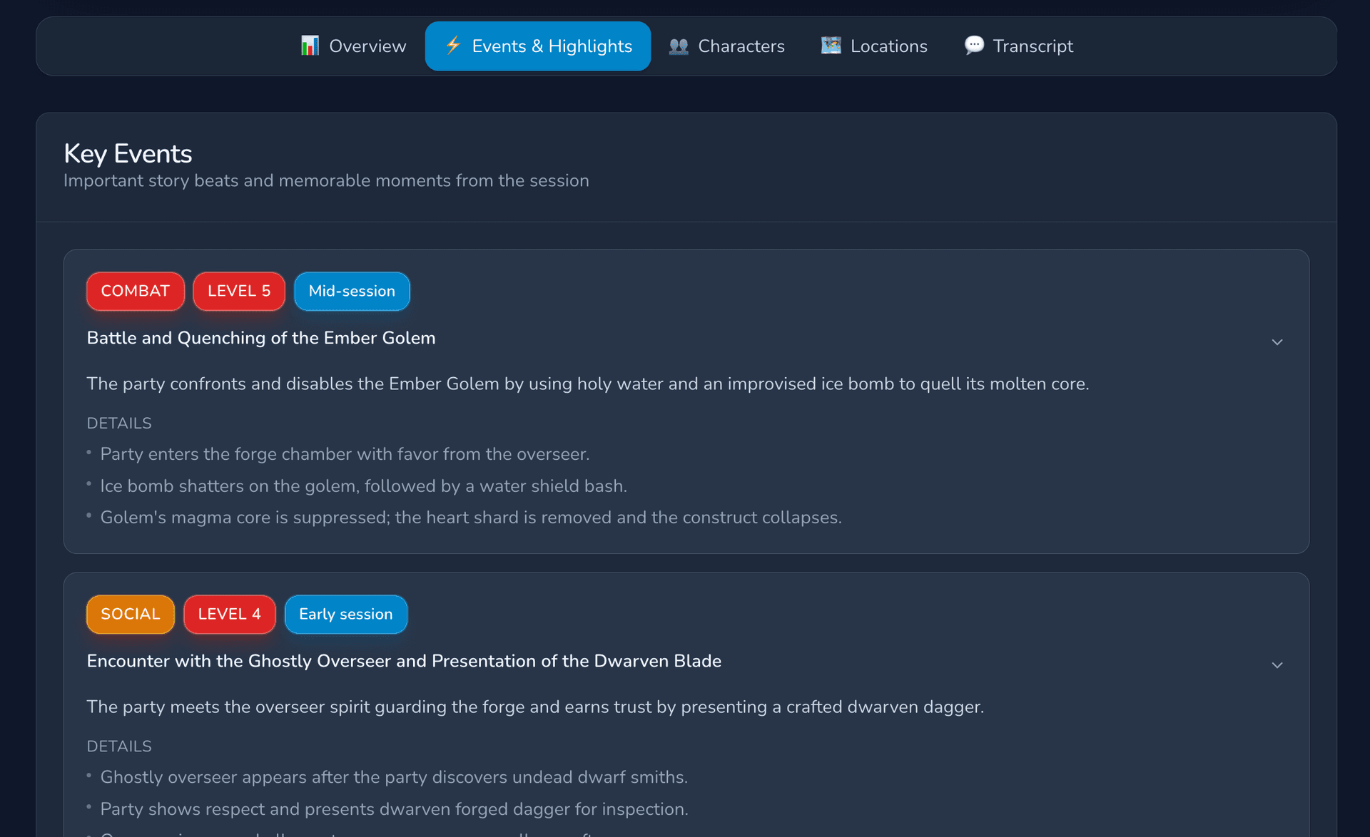 RPG Session Summary Events & Highlights