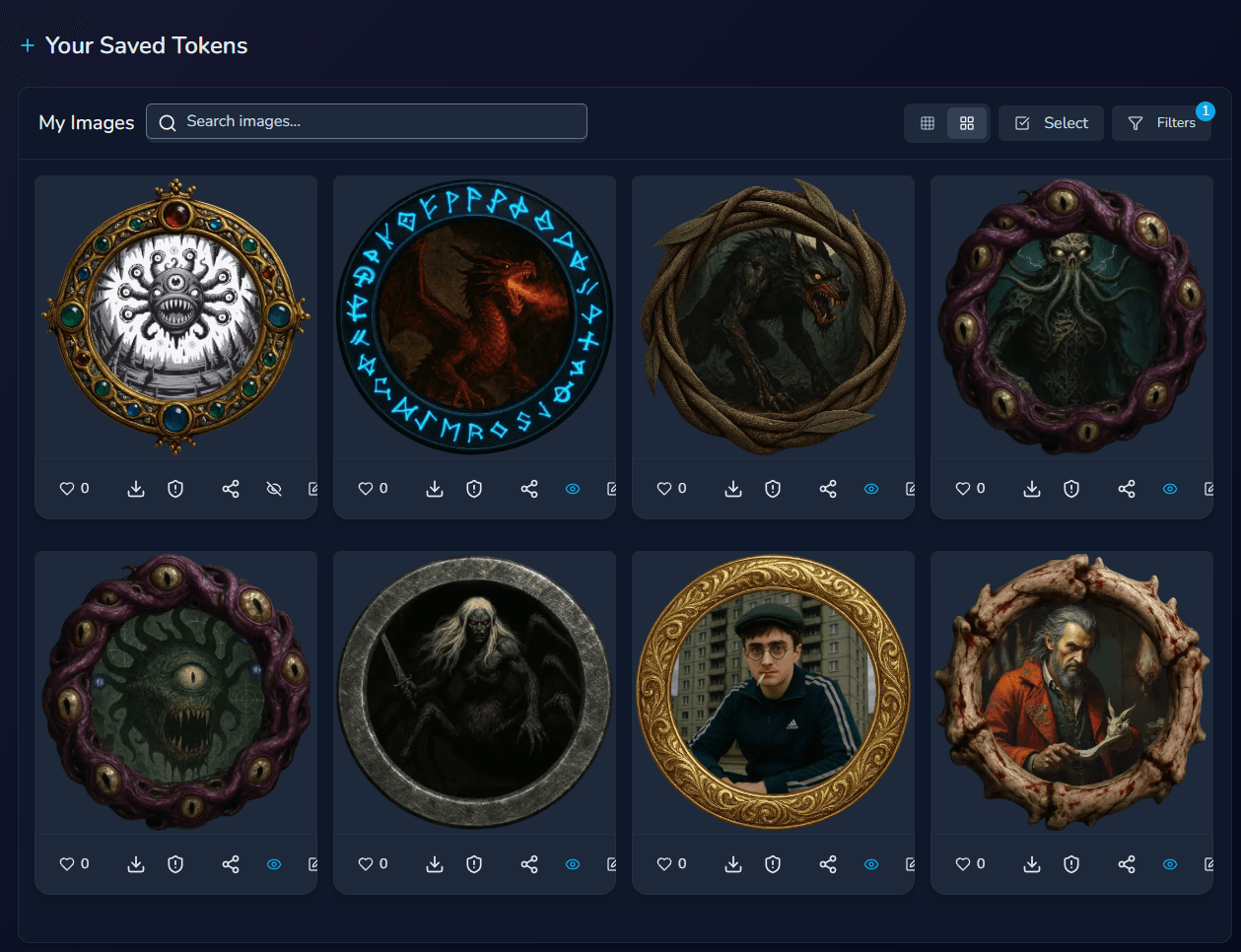 Example of CharGen's Free Token Generator with Rows of Tokens generated on CharGen for Roll20 VTT