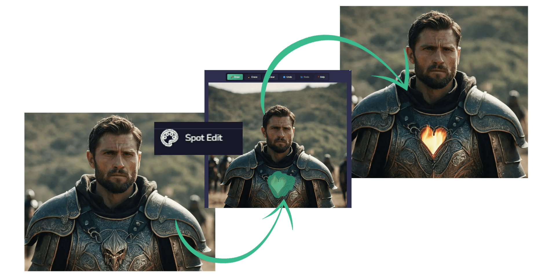 Inpainting feature demonstrating targeted edits on a character’s outfit.