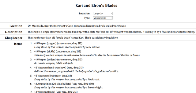 Donjon's straightforward shop generator interface showing SRD-only options