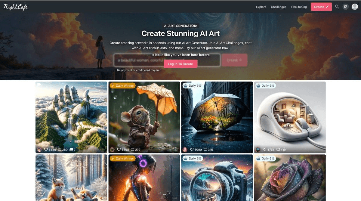 NightCafe interface showing multiple AI model options and community features