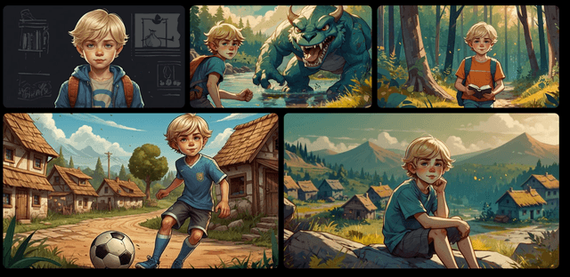 Leonardo AI interface showing character consistency across multiple poses and angles