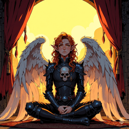 A vibrant half-elf boy of ten, with glowing gold eyes and unkempt auburn hair, embodies both grace and strength. Dressed in black and grey armor adorned with a skull, he meditates serenely, his majestic white wings unfurled against a backdrop of a medieval city, radiating warmth in the early morning light.