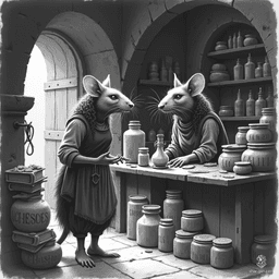 Rattina, a clever ratfolk shopkeeper, runs a charming cheese store filled with exotic delicacies. With her curly hair and whiskered rat face, she expertly barters with customers, sharing her vast knowledge of cheeses while navigating the bustling marketplace with a twinkle in her eye.