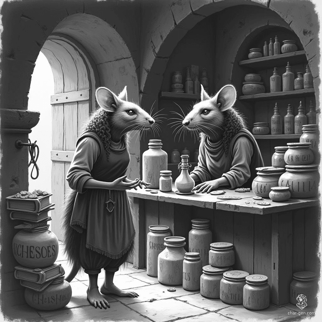 Rattina, a clever ratfolk shopkeeper, runs a charming cheese store filled with exotic delicacies. With her curly hair and whiskered rat face, she expertly barters with customers, sharing her vast knowledge of cheeses while navigating the bustling marketplace with a twinkle in her eye.
