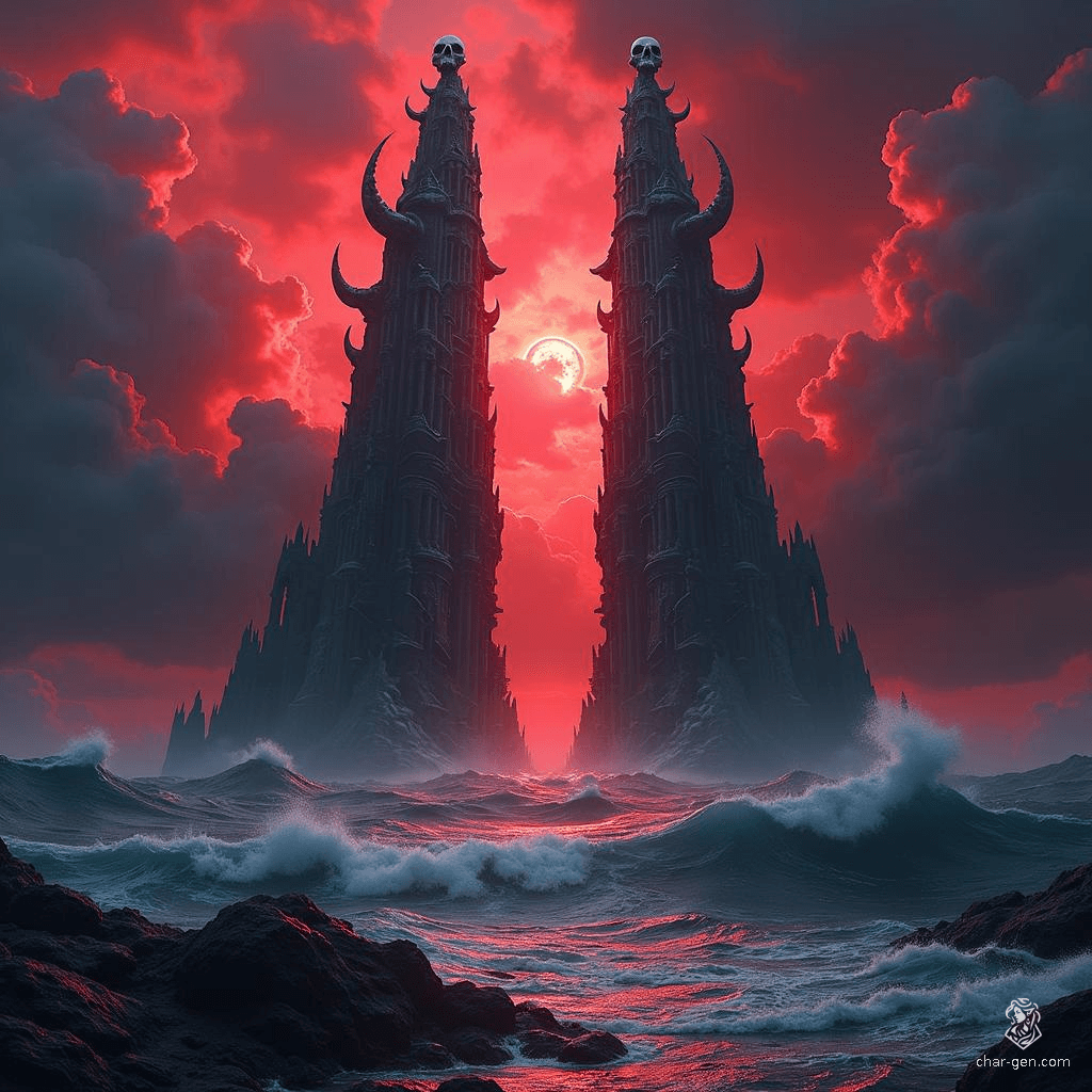 Amidst a tempestuous crimson sea, two towering serpentine spires loom, their chaotic architecture twisting skyward. Framed by swirling storm clouds, the towers unite at midway, crowned with ominous skull minarets that gaze down like sentinels, guarding the secrets of this eerie, otherworldly realm.