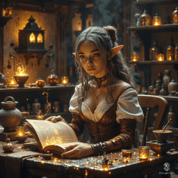 Maryam, the Apothecary Witch, is a graceful older elf with tanned skin and bright topaz eyes that sparkle with curiosity. Clad in a blend of practical yet stylish fabrics, she expertly juggles her witchcraft tome and her ghostly spider familiar. Surrounded by herbs and potions in her cozy lab, she exudes competence and a zest for the unknown.