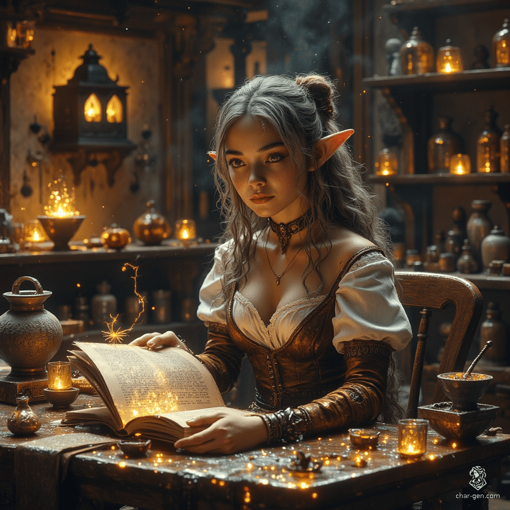 Maryam, the Apothecary Witch, is a graceful older elf with tanned skin and bright topaz eyes that sparkle with curiosity. Clad in a blend of practical yet stylish fabrics, she expertly juggles her witchcraft tome and her ghostly spider familiar. Surrounded by herbs and potions in her cozy lab, she exudes competence and a zest for the unknown.