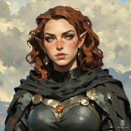 A fierce and captivating elf warrior, she stands tall with striking blue eyes and freckles dotting her angular face. Long, wavy auburn hair cascades over her heavy, tattered black leather armor and a battered dark-green metal breastplate. Her imposing presence, highlighted by battle scars, reflects a life of struggle and defiance.