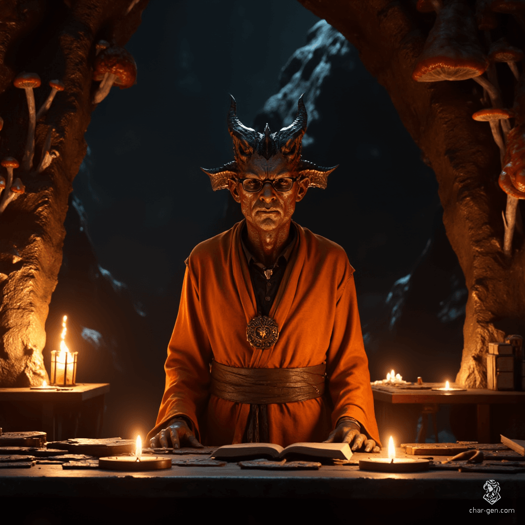 In a dimly lit cave adorned with flickering candles, a stern demon with a dry face dons reading glasses over his serious eyes. Clad in a long orange robe and a medallion, he meticulously studies ancient texts piled on a counter, exuding an air of rigid intellect.