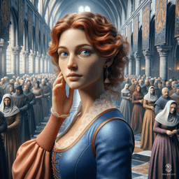 A fair-skinned spy with curly red hair and blue eyes, she expertly blends into crowds while dressed in cobalt and peach servant attire. Carrying secret messages and eavesdropping, she moves inconspicuously, her disguise making her an unnoticeable yet effective operative.