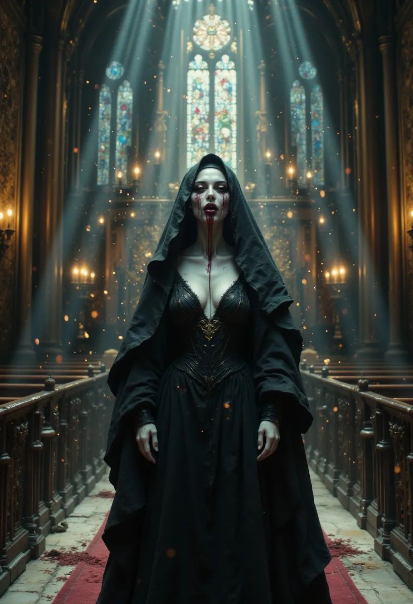 In a hauntingly gothic scene, a vampire nun with stark white skin and deep-set eyes looms, her exaggerated jaw open in a sinister grin. Blood drips from her chin, and her elegant attire enhances her aristocratic aura. Capturing her hypnotic gaze, this photorealistic vision showcases dynamic lighting and advanced skin shaders, evoking both terror and allure.