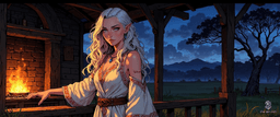 A striking Slavic enchantress with flowing platinum hair and pale blue eyes captivates in a twilight scene. Clad in a delicate white gown adorned with red and gold embroidery, she exudes ethereal grace, her hand resting on a rustic cottage railing, illuminated by warm hearth light against a serene twilight backdrop.