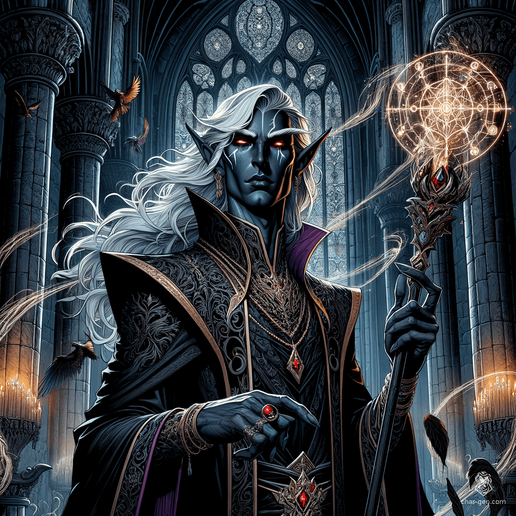 Vokna, a formidable Drow fighter and sorcerer, exudes confidence within the grand hall of an ancient, gothic castle. Tall and slender, with obsidian skin and flowing white hair, he wields a staff of dark power, surrounded by swirling magic. His piercing red eyes and enchanted robes shimmer with chaos, embodying a master of the occult. Seeking vengeance, he embraces freedom, ready to shatter chains with charm and cunning.
