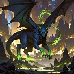 The displacer beast dragon hybrid prowls along the edge of the vast Underdark lake, a sinister fusion of displacer beast and dragon traits. Its panther-like head, large black wings with green tips, and tentacles emitting a blue haze create a striking silhouette. The creature's black scales and acid-dripping claws add to its menacing aura. In the background, the dark, still waters of the underground lake reflect the dim light, beneath a rocky ceiling dotted with stalactites.