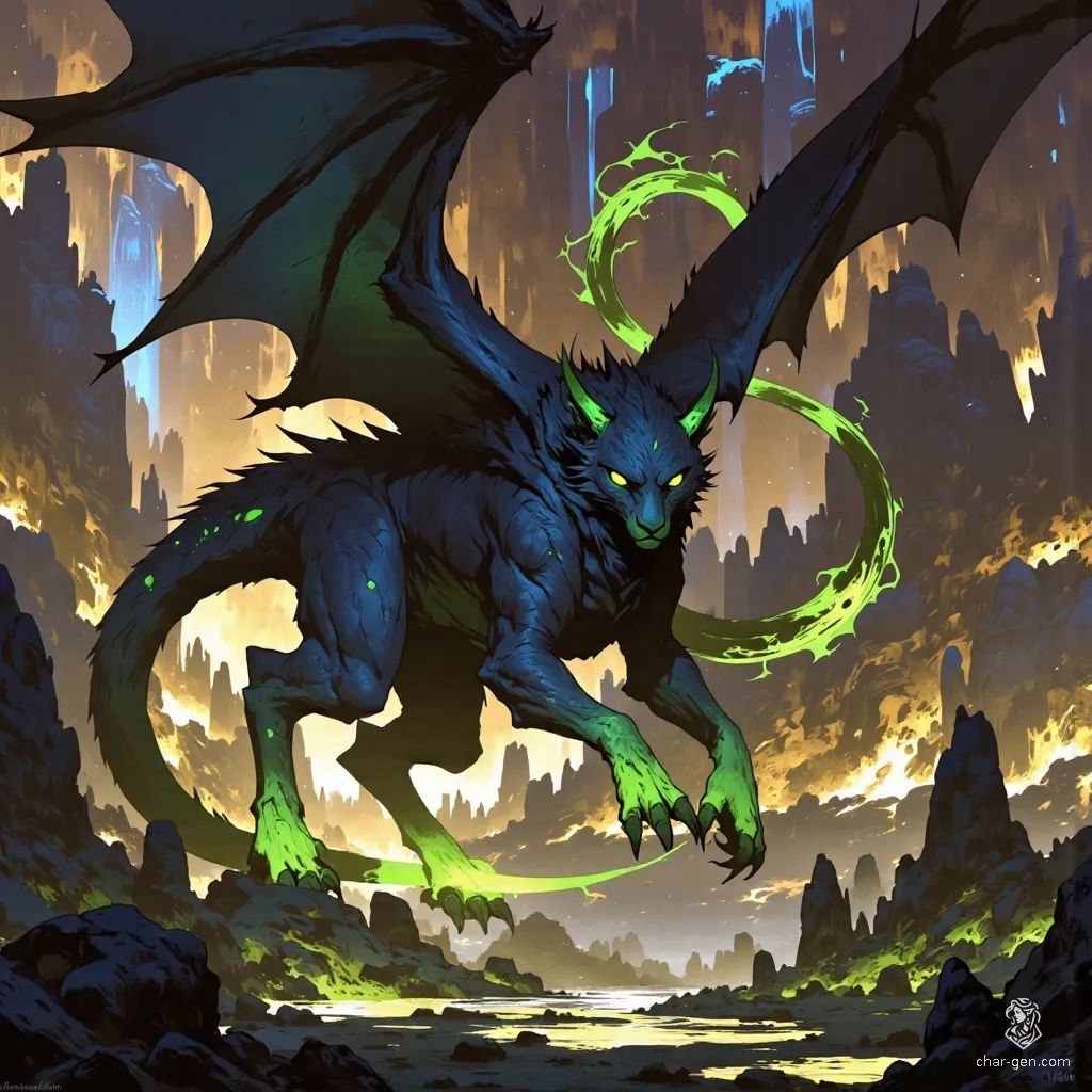 The displacer beast dragon hybrid prowls along the edge of the vast Underdark lake, a sinister fusion of displacer beast and dragon traits. Its panther-like head, large black wings with green tips, and tentacles emitting a blue haze create a striking silhouette. The creature's black scales and acid-dripping claws add to its menacing aura. In the background, the dark, still waters of the underground lake reflect the dim light, beneath a rocky ceiling dotted with stalactites.