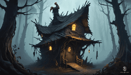In a dark, painterly woodland, Baba Yaga's hut perches eerily on long, spindly chicken legs with gnarled joints. The twisted wooden structure, adorned with glowing runes, seems alive. Within the dense fog, twisted trees and bioluminescent mushrooms create an eerie, enchanting atmosphere.