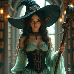 A whimsical yet sinister tiefling with freckled pink skin sports a thick-rimmed witch hat that partially conceals her small horns. Her possessed black eyes gleam mischievously beneath the brim. Dressed in a corset and wide skirt in black and pastel green, she wields a natural staff, exuding charm and malice in an open library hall.