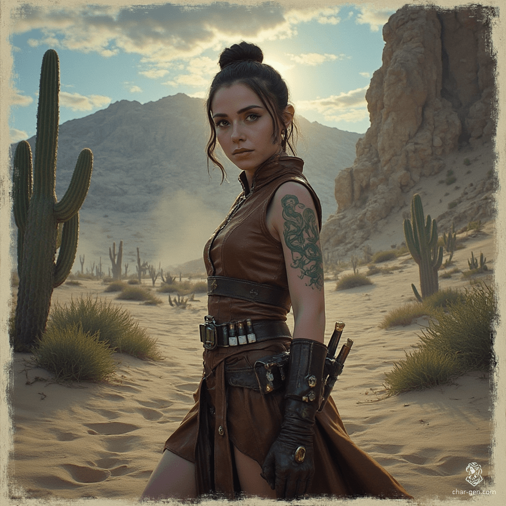 Izzy, a newly emancipated halfling assassin, embodies lethal elegance. Standing at 1.5 meters with bright yellow-green eyes, she dons a snug brown leather tunic, showcasing her green snake-scale tattoos. Agile and stealthy, Izzy expertly wields her crossbow and concealed daggers, prowling the shadows with a seductive, dangerous charm.