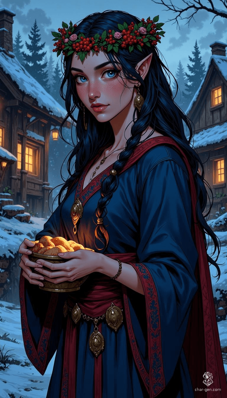 In a twilight Slavic village, a beautiful maiden with flowing black hair and a floral wreath holds a wooden bowl of bread. Dressed in a dark blue woolen gown with vibrant embroidery, she radiates a haunting elegance amidst the fog and intricate shadows of her home.