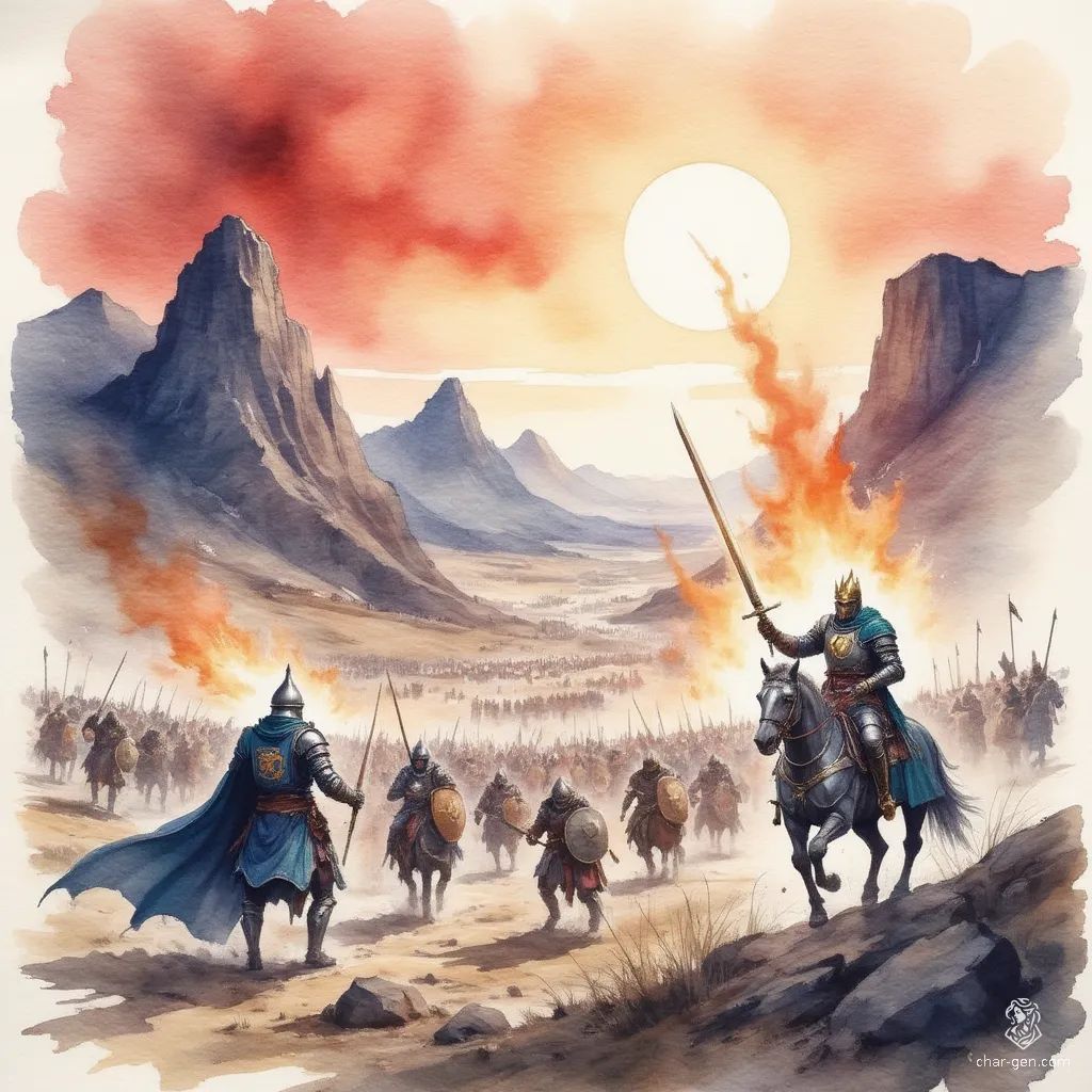 Under a blood-red sun, jagged mountains loom ominously over a sprawling battlefield. Shadows dance across the war-torn ground, where polished steel gleams alongside crude iron. Arrows darken the sky while roaring wyrms circle above, creating a realm where power and chaos intertwine in a clash of destiny.