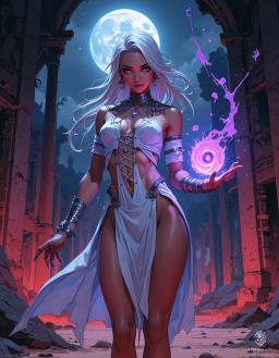Kall’Ithandra, the renegade Elven Mage, stands watch amidst the ruins of Es-Shna, bathed in moonlight. Her long, flowing white hair and violet eyes accentuate her delicate features. Adorned in a sleeveless jerkin, she channels glowing violet magic, a blend of beauty and power in a desolate land.