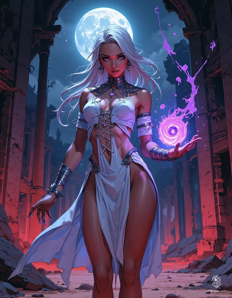Kall’Ithandra, the renegade Elven Mage, stands watch amidst the ruins of Es-Shna, bathed in moonlight. Her long, flowing white hair and violet eyes accentuate her delicate features. Adorned in a sleeveless jerkin, she channels glowing violet magic, a blend of beauty and power in a desolate land.