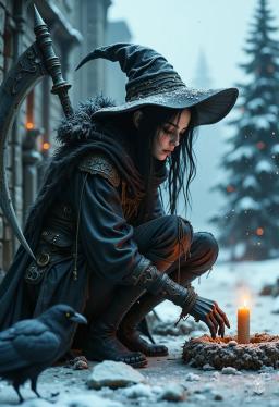 Umbra, a slender young woman standing 5'6", embodies the essence of twilight. Her alabaster skin shimmers like moonlight, accentuating her jet-black, smoke-like hair. With pupilless, swirling silver-and-black eyes, she dons a tattered black robe, moves barefoot, wields a scythe, and is often accompanied by two ravens.