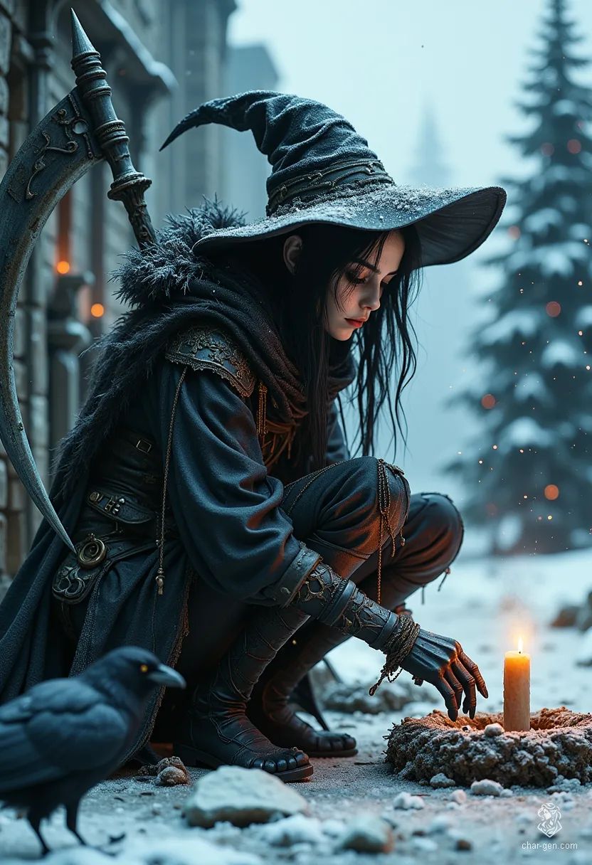 Umbra, a slender young woman standing 5'6", embodies the essence of twilight. Her alabaster skin shimmers like moonlight, accentuating her jet-black, smoke-like hair. With pupilless, swirling silver-and-black eyes, she dons a tattered black robe, moves barefoot, wields a scythe, and is often accompanied by two ravens.