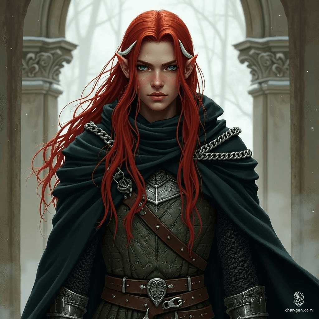 A striking half-elf stands tall, her long red hair laced with white streaks framing sharp features. Dark green eyes shimmer with ancient wisdom, while her black cloak billows around silver chainmail, hinting at both elegance and formidable strength in battle.