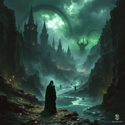 In a fog-shrouded Irish village, haunting green glows illuminate shadowy figures amid twisted ruins. Whispering winds carry the chill of unholy revelry, where hollow-eyed wraiths dance silently. Corrupted thorns entangle shattered pots of gold, and dark rivers cradle secrets far worse than water, enveloping all in gothic dread.