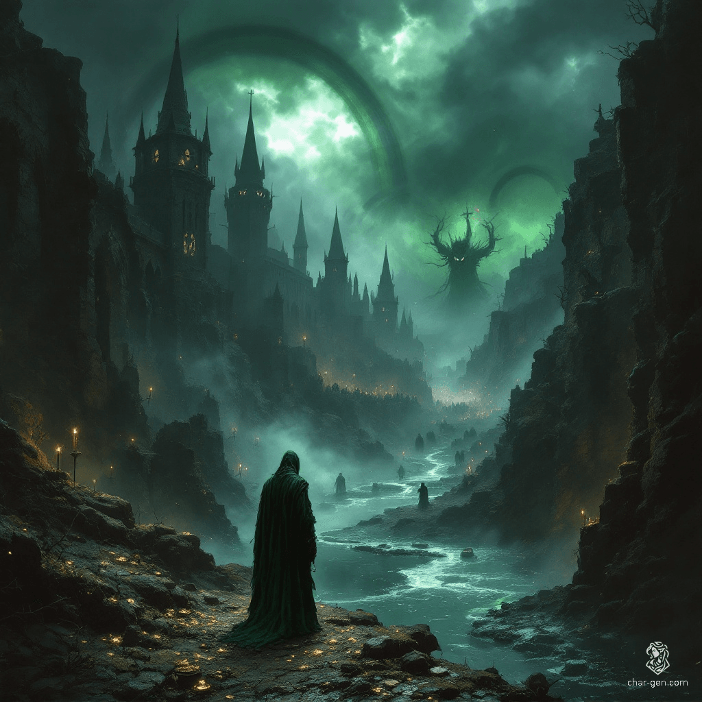 In a fog-shrouded Irish village, haunting green glows illuminate shadowy figures amid twisted ruins. Whispering winds carry the chill of unholy revelry, where hollow-eyed wraiths dance silently. Corrupted thorns entangle shattered pots of gold, and dark rivers cradle secrets far worse than water, enveloping all in gothic dread.