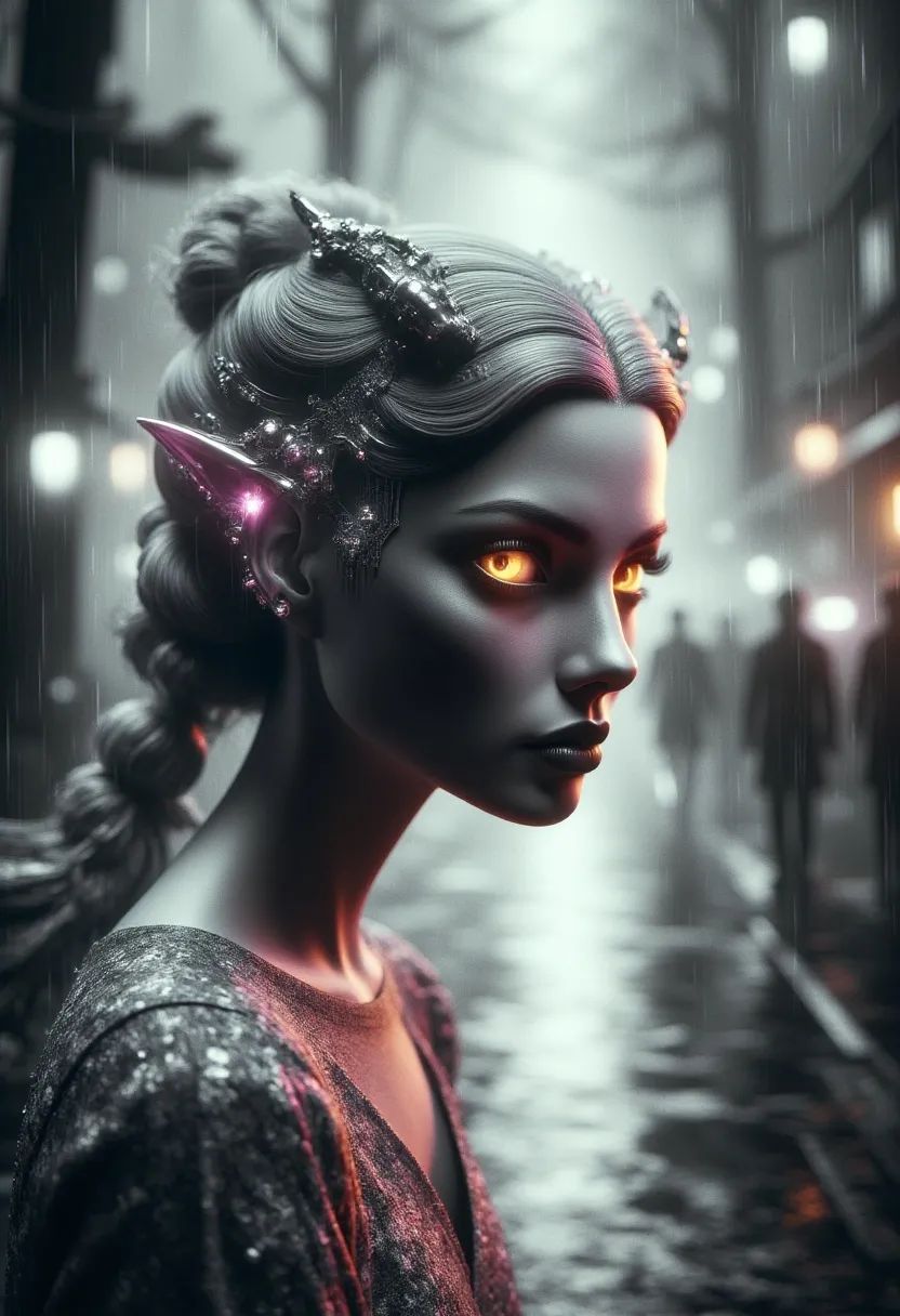 A mysterious elven entity with glowing yellow eyes and crystalline white hair, blending ethereal grace with subtle cybernetic hints. Draped in silver-accented attire, she inhabits a shadowy, rain-soaked urban forest where magic and technology intertwine beneath neon-lit skies.