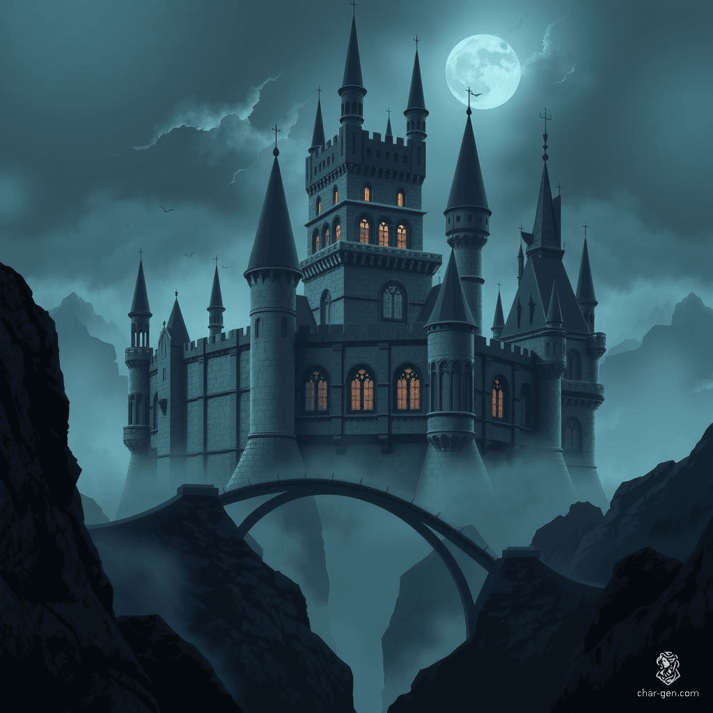 A towering gothic castle looms over a mist-shrouded valley, its dark stone walls weathered and cracked. Tall spires pierce the stormy sky as flickering lights cast eerie glows from arched windows. The air is thick with foreboding, hinting at ancient, malevolent power within.