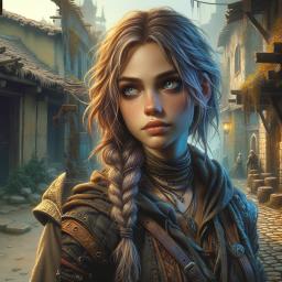 A young, agile female rogue navigates the shadows with ease, her long, dirty blonde braid trailing behind her. Dressed in dark, tattered clothes, her medium skin glows subtly in the dim light, marking her as a resourceful thief from the streets, always ready to outsmart her foes.