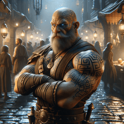 A cunning dwarf thief with a bald head and a runic face tattoo, clad in dirty leather armor, navigates bustling markets with nimble fingers. His dark clothing allows him to blend into the shadows as he expertly picks locks and pockets, always on the lookout for his next score.