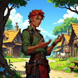 Smegugh Ironfury, an 18-year-old half-orc jeweler, stands 5'10" with sunburned green skin and a round build. His cropped, curled auburn hair, shaved on one side, frames a surprisingly soft and beautiful face. Brown eyes spark with passion as he gestures animatedly during conversations.