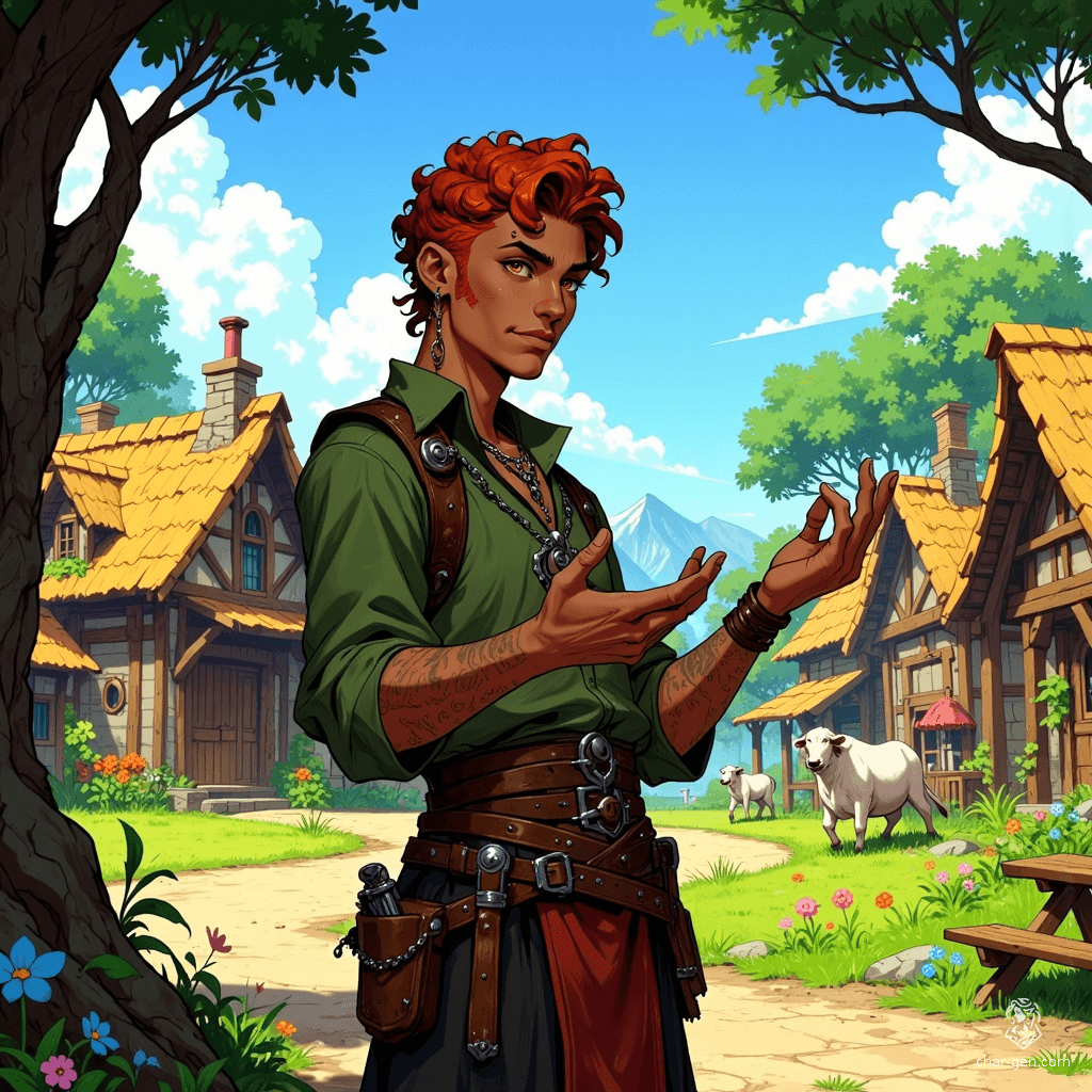 Smegugh Ironfury, an 18-year-old half-orc jeweler, stands 5'10" with sunburned green skin and a round build. His cropped, curled auburn hair, shaved on one side, frames a surprisingly soft and beautiful face. Brown eyes spark with passion as he gestures animatedly during conversations.