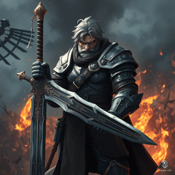 Sig Curtis is a towering warrior, standing at 2 meters with a robust frame. Clad in battle-worn half armor, he wields a stunning great sword adorned with glowing inlays. With a gloomy yet determined expression, he emanates a shadowy aura, ready to face the chaos of battle behind him.